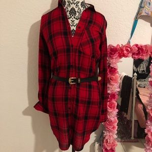 H&M divided red and black plaid tunic shirt dress